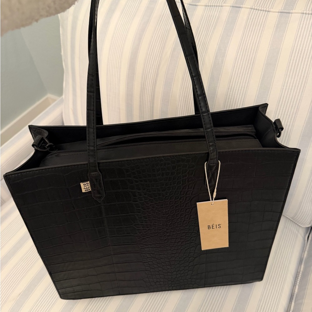 Beis The Large Work Tote Black Croc-Embossed Tote Bag